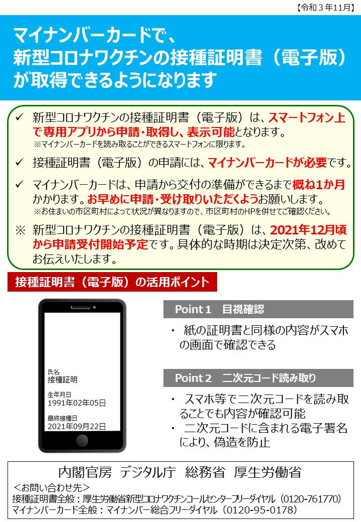 マイナンバーカードで新型コロナワクチンの接種証明書（電子版）が取得できるようになります